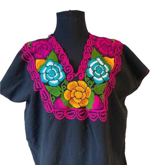 Handmade Embroidered Black V-Neck Blouse - Picture 9 of 13